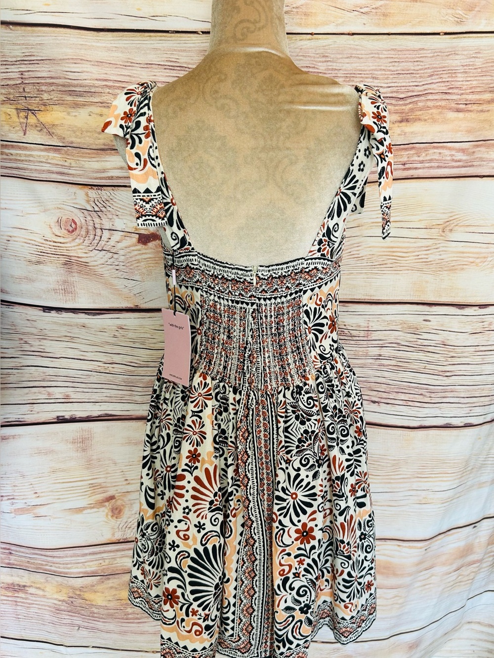 Avec Les Filles Casablanca Tile Linen Blend Bow-Strap Fit & Flare Mini Dress NWT - Picture 6 of 16